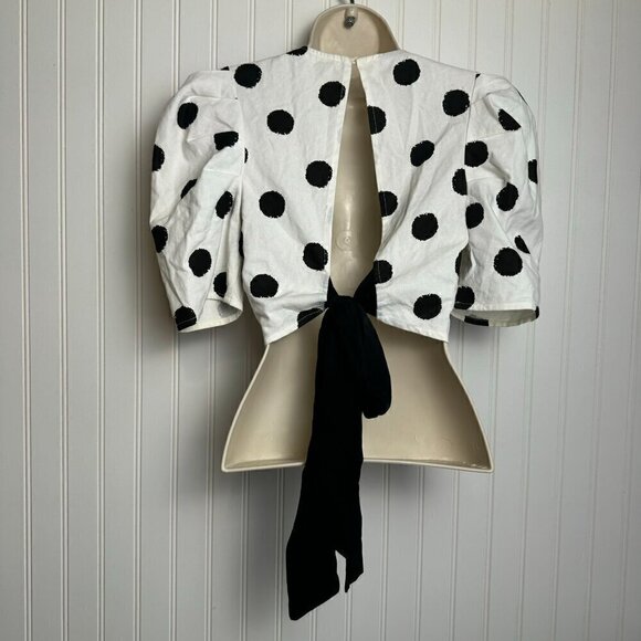 Idem Ditto black white polka dot back tie puff sleeve crop blouse size small - Picture 7 of 11